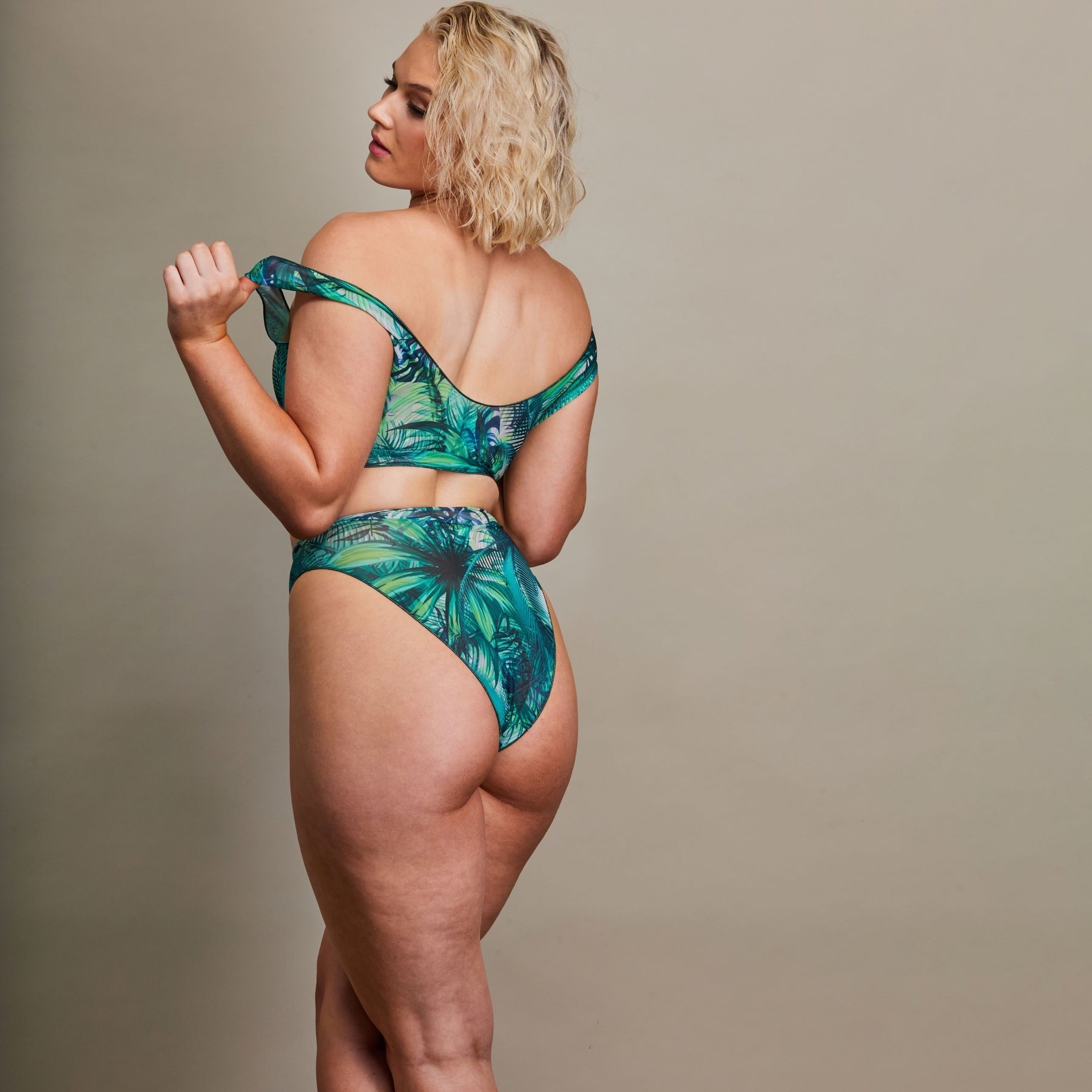 Tan Through Crop Top Bikini Set - Tropical Palm Green
